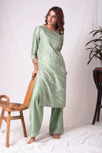 Green Chanderi With Paat Work Suit Online in USA-full view