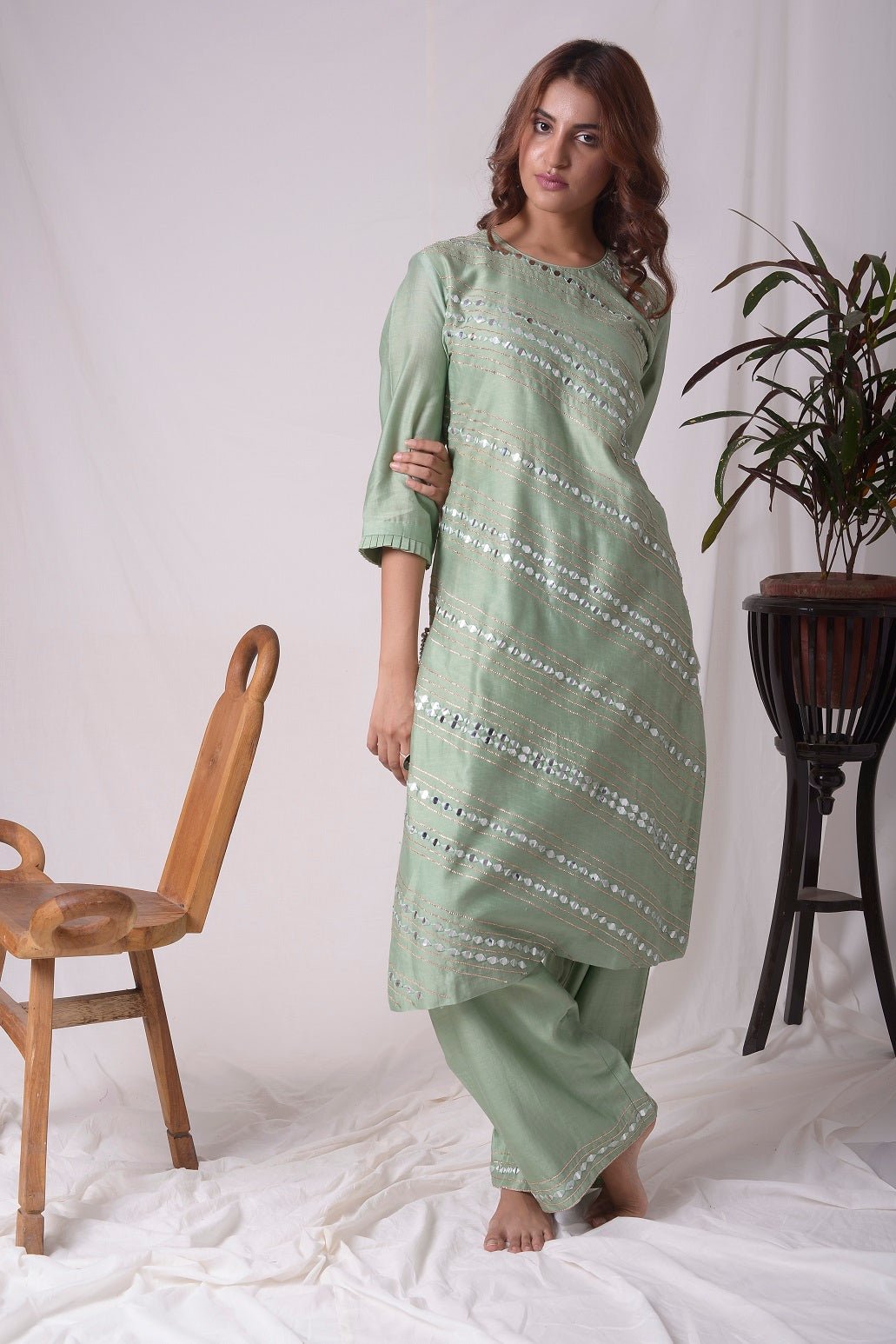 Green Chanderi With Paat Work Suit Online in USA-full view-2