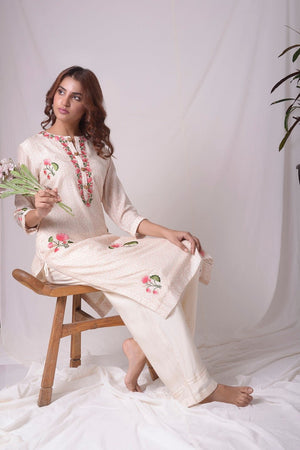 Off White Chanderi With Muslin Print Suit Online in USA-full view