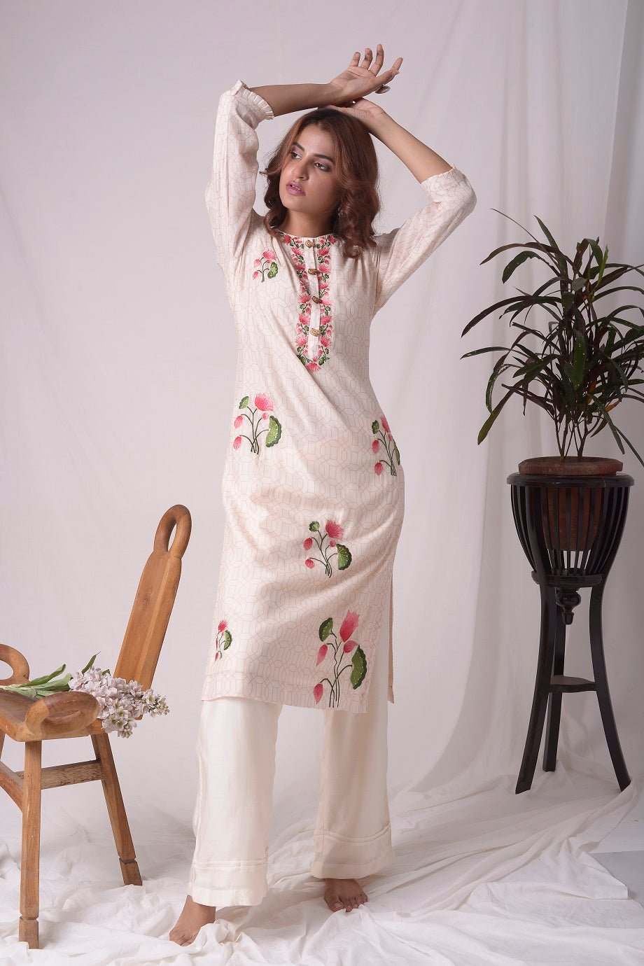 Off White Chanderi With Muslin Print Suit Online in USA-full view-3