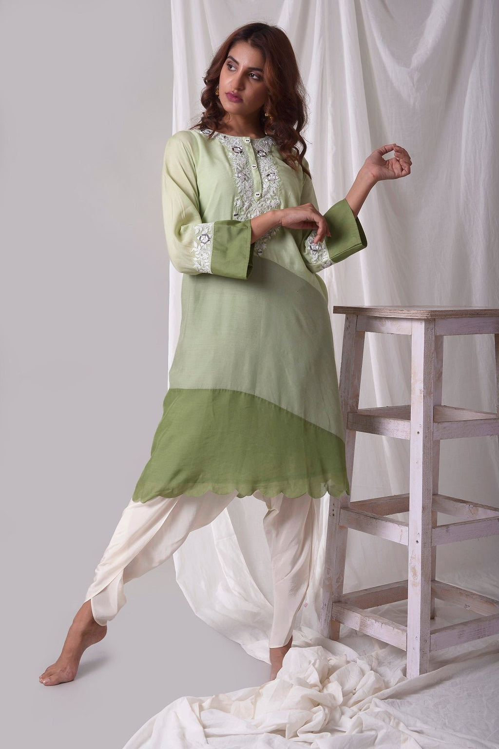  Sage Green Cotton Silk Suit With Dhoti Online in USA-full view