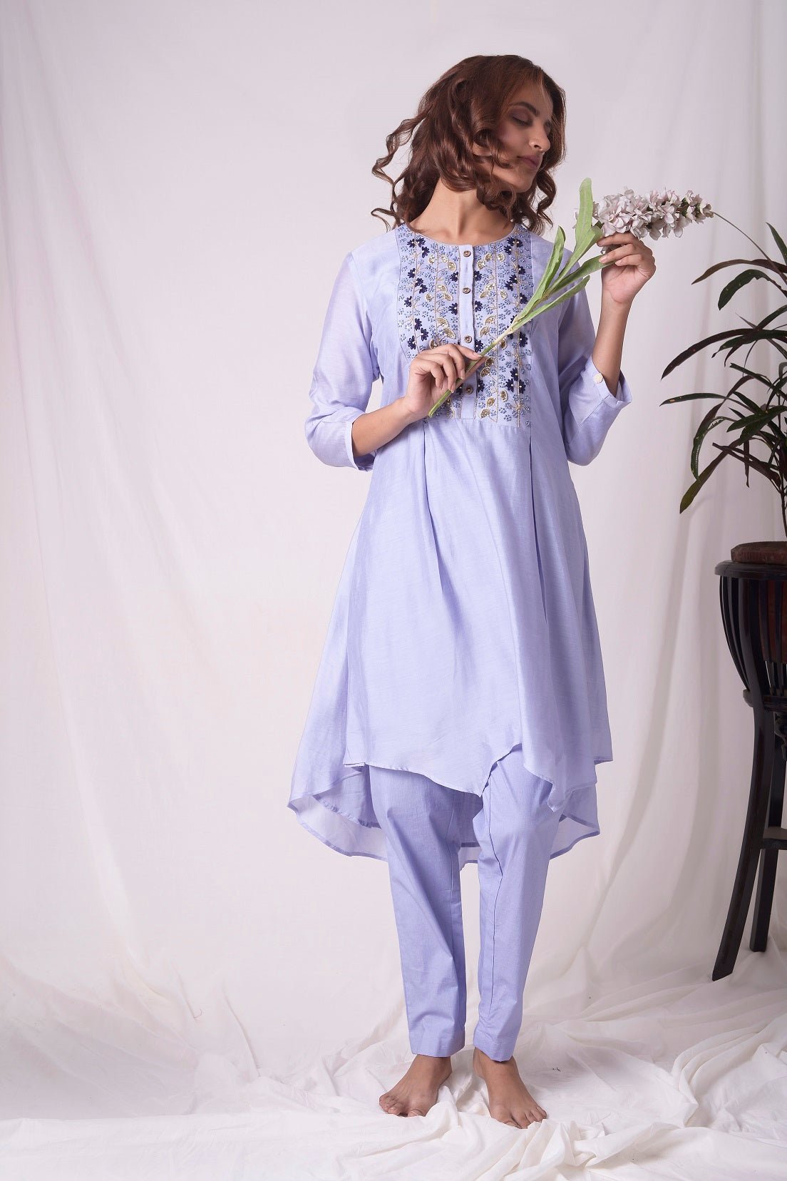 Blue Chanderi Suit With Pleated Shirt Online in USA-full view-3
