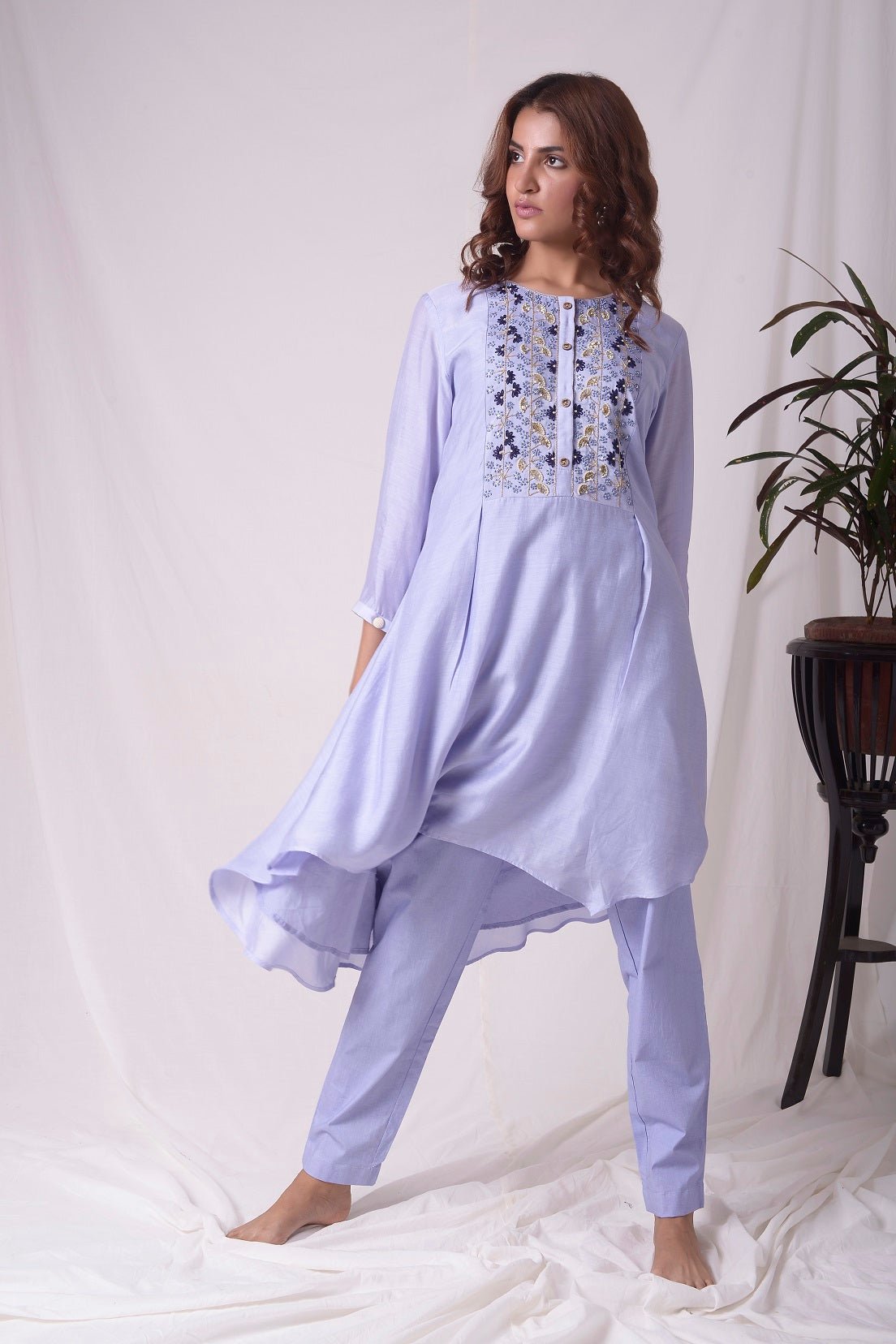 Blue Chanderi Suit With Pleated Shirt Online in USA-full view-3