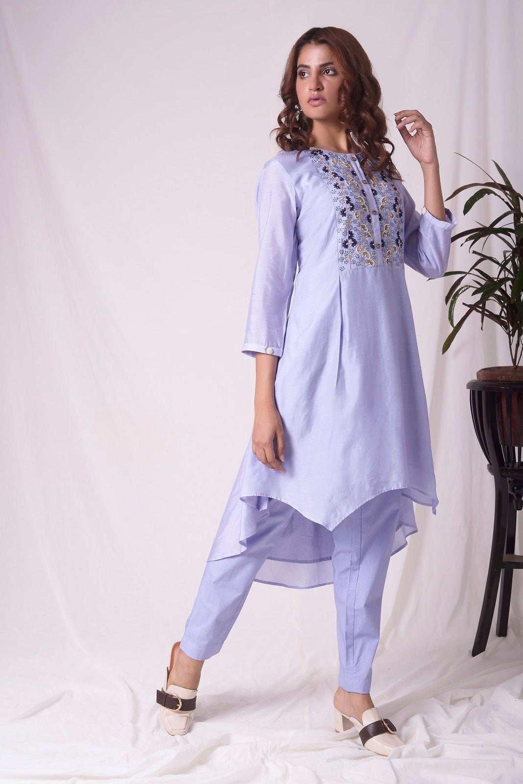 Blue Chanderi Suit With Pleated Shirt Online in USA-full view