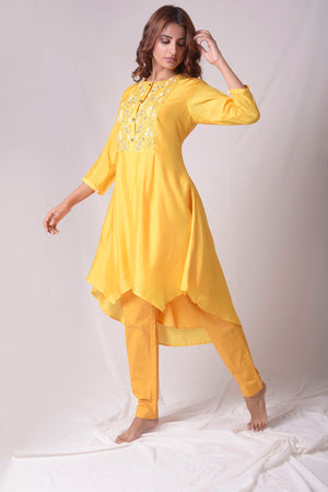  Mustard Yellow Chanderi Suit With Pleated Shirt Online in USA-full view-2
