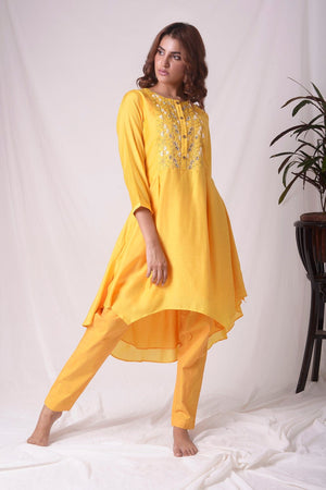 Mustard Yellow Chanderi Suit With Pleated Shirt Online in USA-full view-3