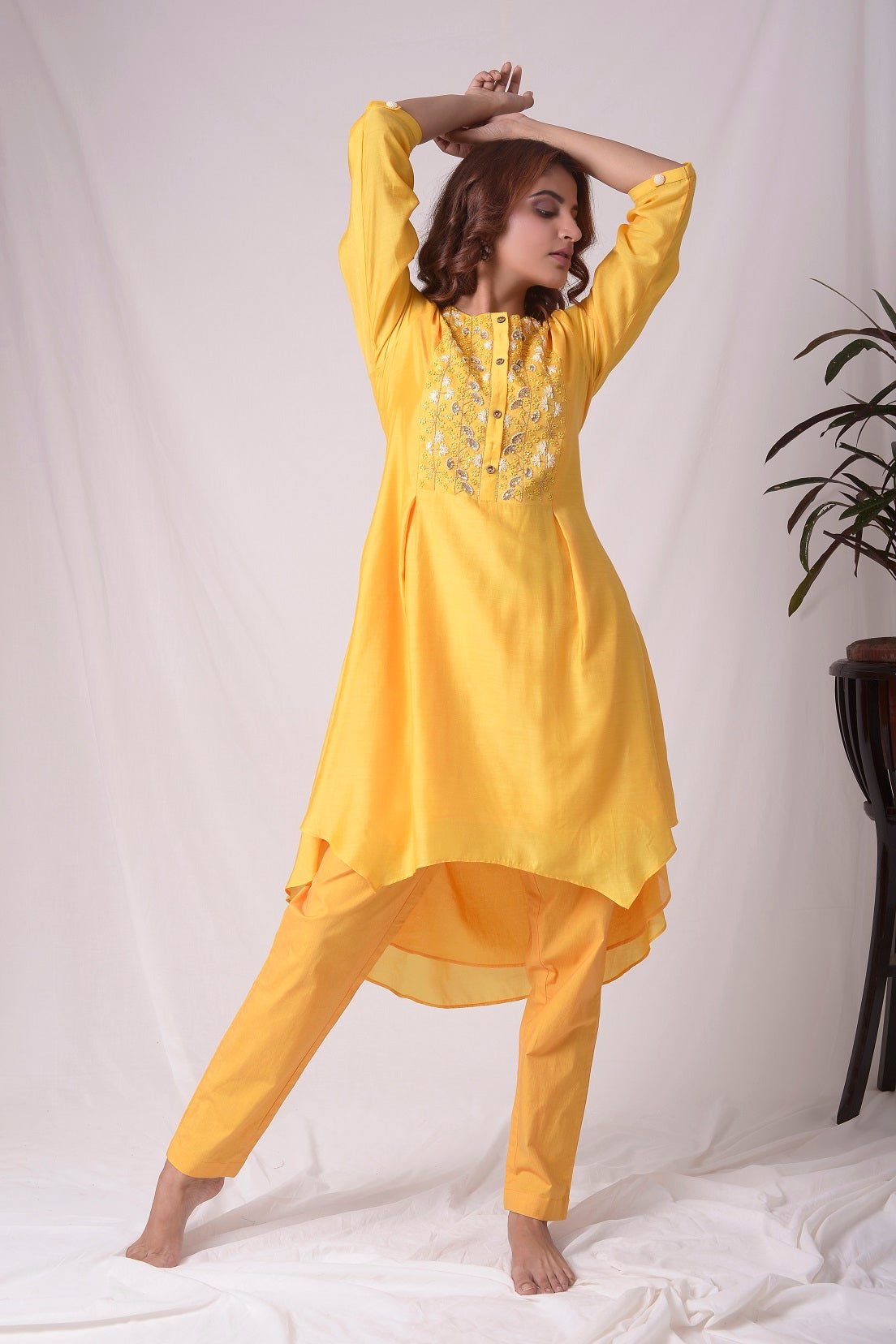 Mustard Yellow Chanderi Suit With Pleated Shirt Online in USA-full view-4
