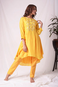  Mustard Yellow Chanderi Suit With Pleated Shirt Online in USA-full view