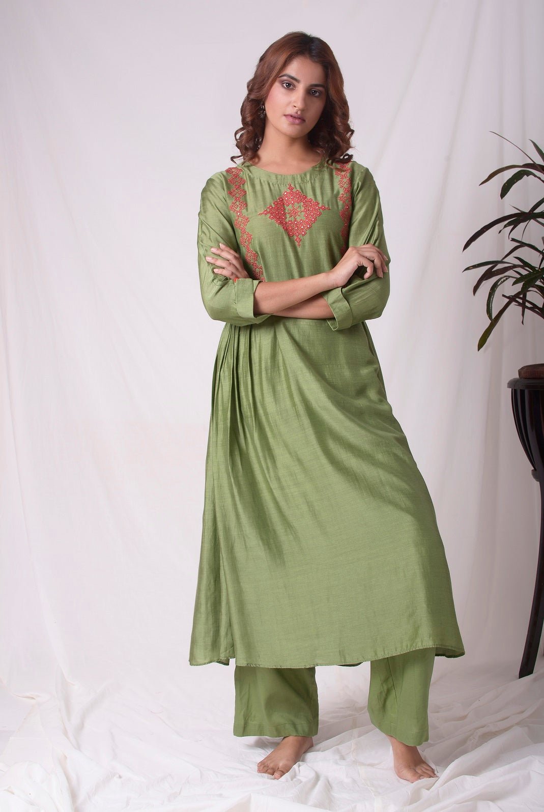 Green Cotton Silk Suit With Palazzo Online in USA-full view-3