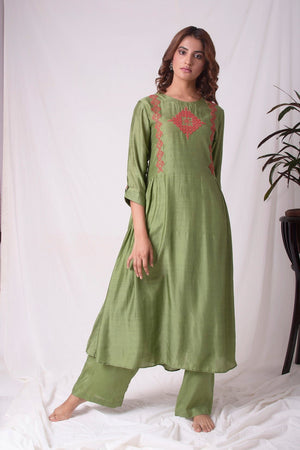 Green Cotton Silk Suit With Palazzo Online in USA-full view-4