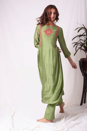 Green Cotton Silk Suit With Palazzo Online in USA-full view-5