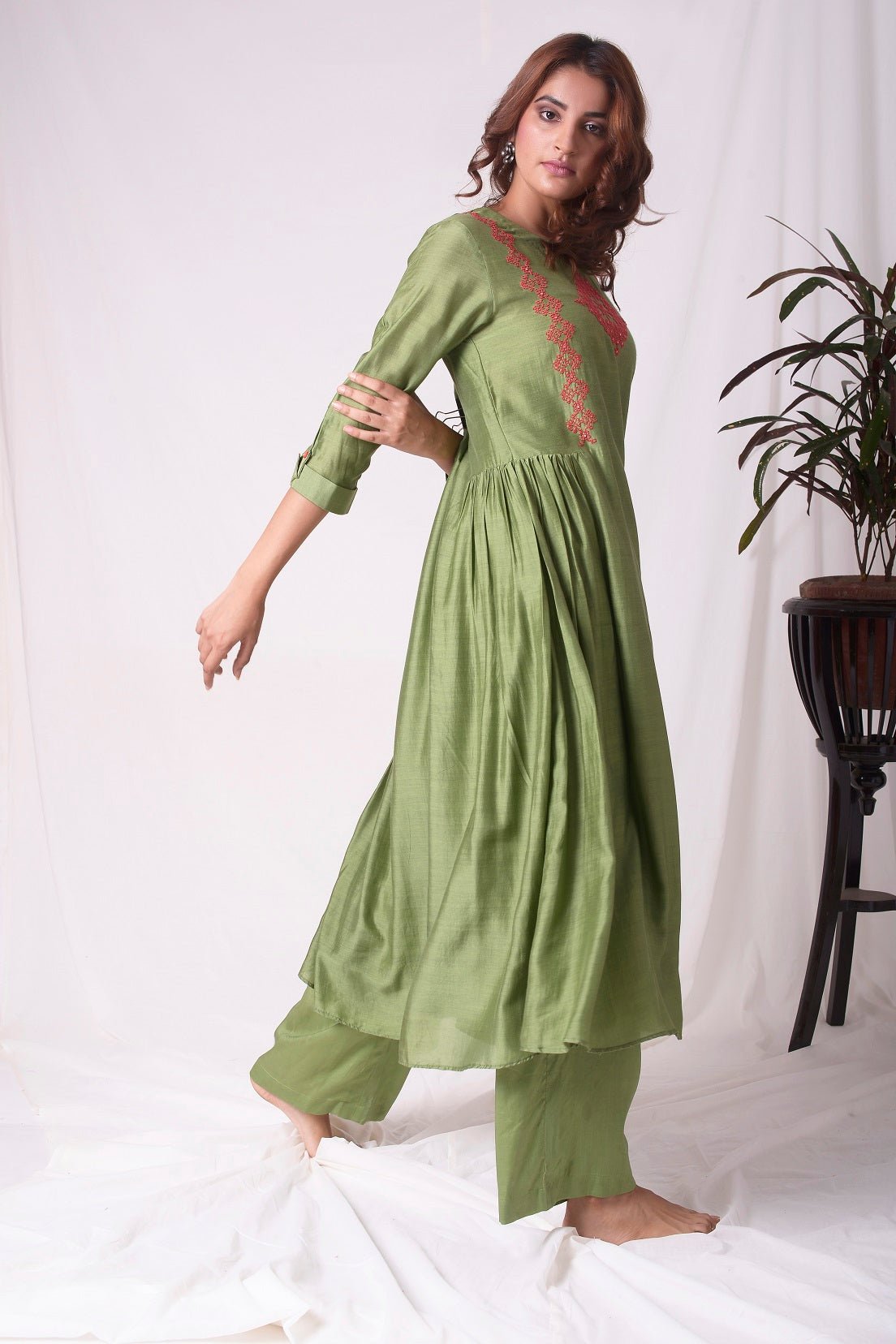 Green Cotton Silk Suit With Palazzo Online in USA-full view