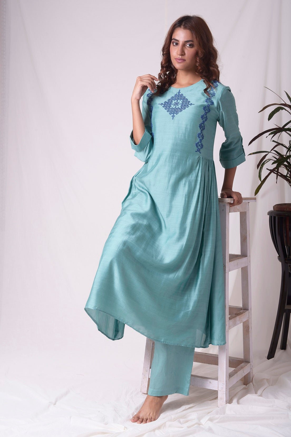 Dull Sky Blue Cotton Silk Suit With Palazzo Online in USA-full view-4