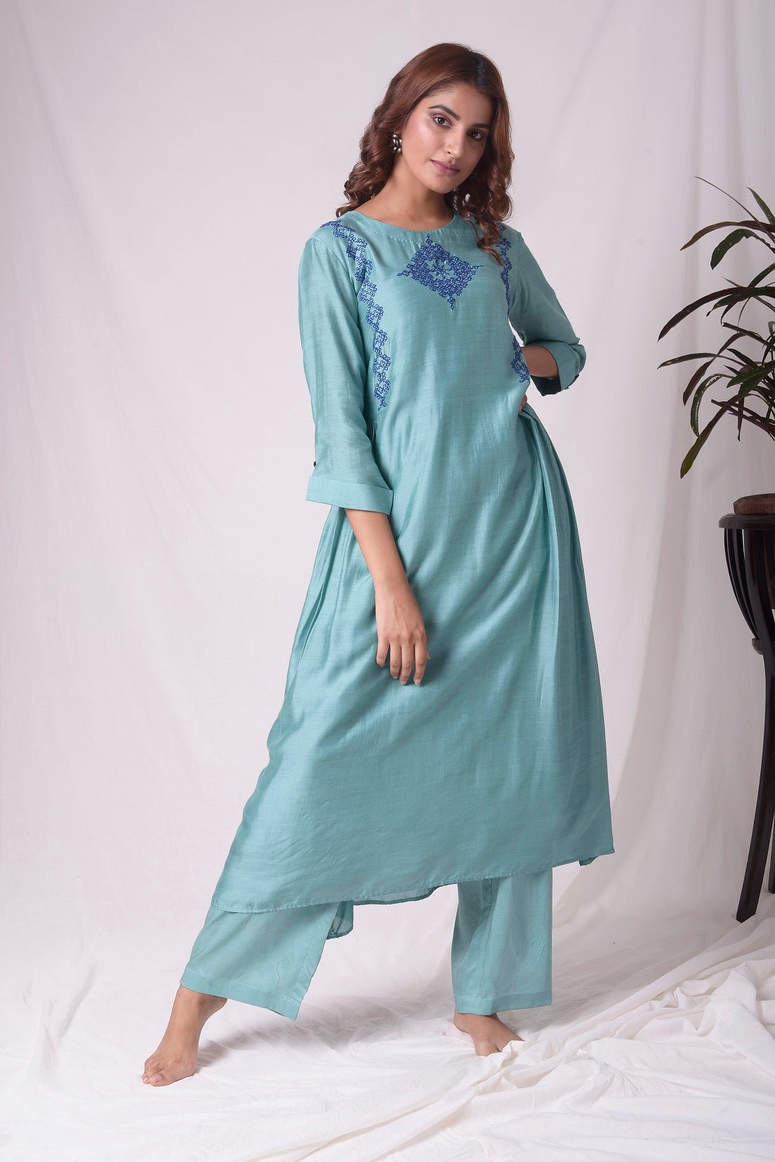 Dull Sky Blue Cotton Silk Suit With Palazzo Online in USA-full view-5