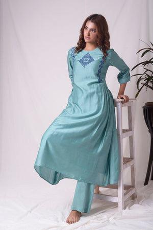Dull Sky Blue Cotton Silk Suit With Palazzo Online in USA-full view-6