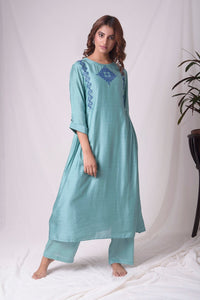 Dull Sky Blue Cotton Silk Suit With Palazzo Online in USA-full view