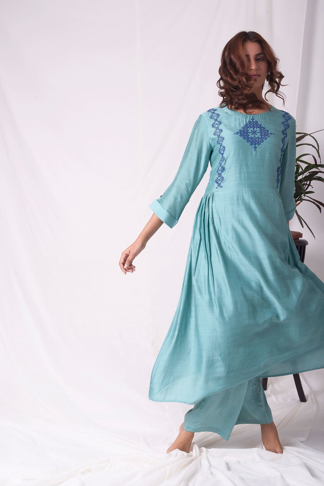 Dull Sky Blue Cotton Silk Suit With Palazzo Online in USA-full view-2