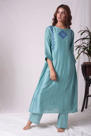 Dull Sky Blue Cotton Silk Suit With Palazzo Online in USA-full view-3