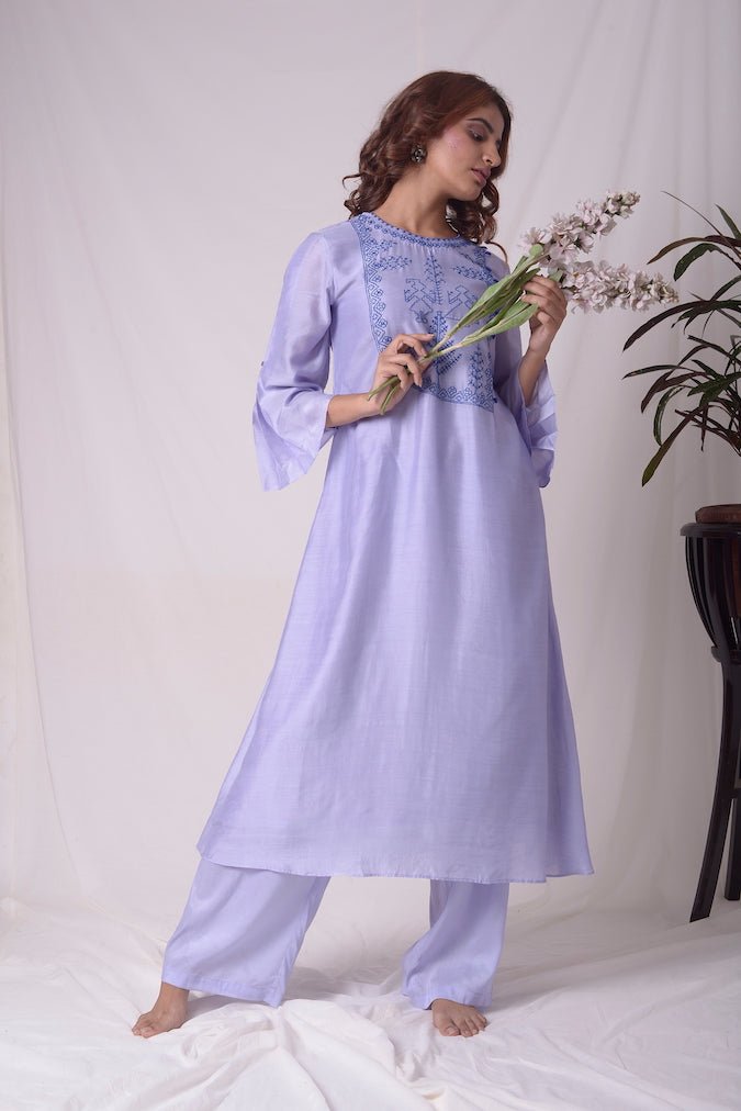 Blue Cotton Linen Suit With Palazzo Online in USA-full view