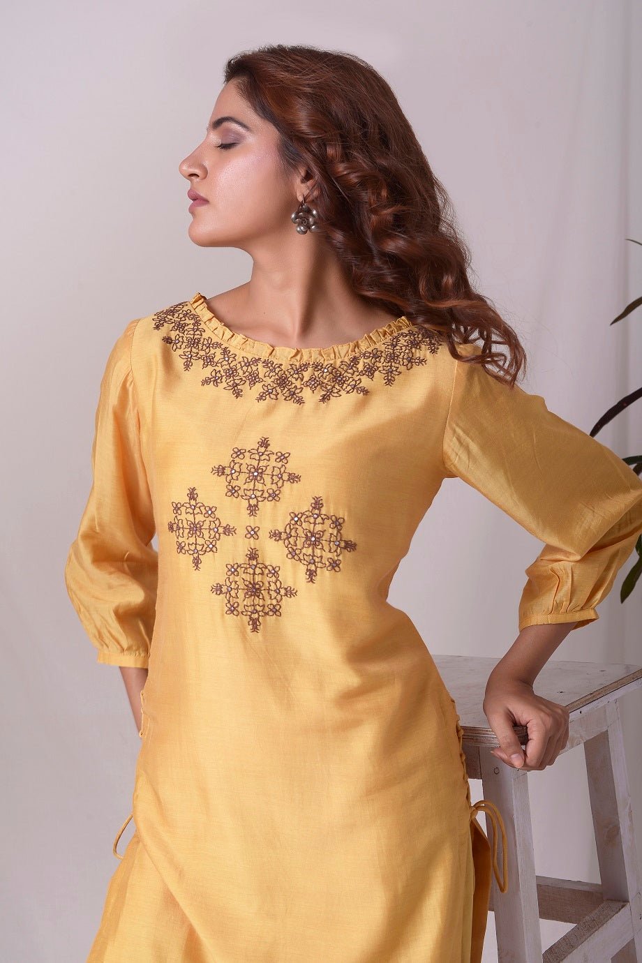 Mustard Yellow Cotton Silk Suit With Palazzo Online in USA-close up