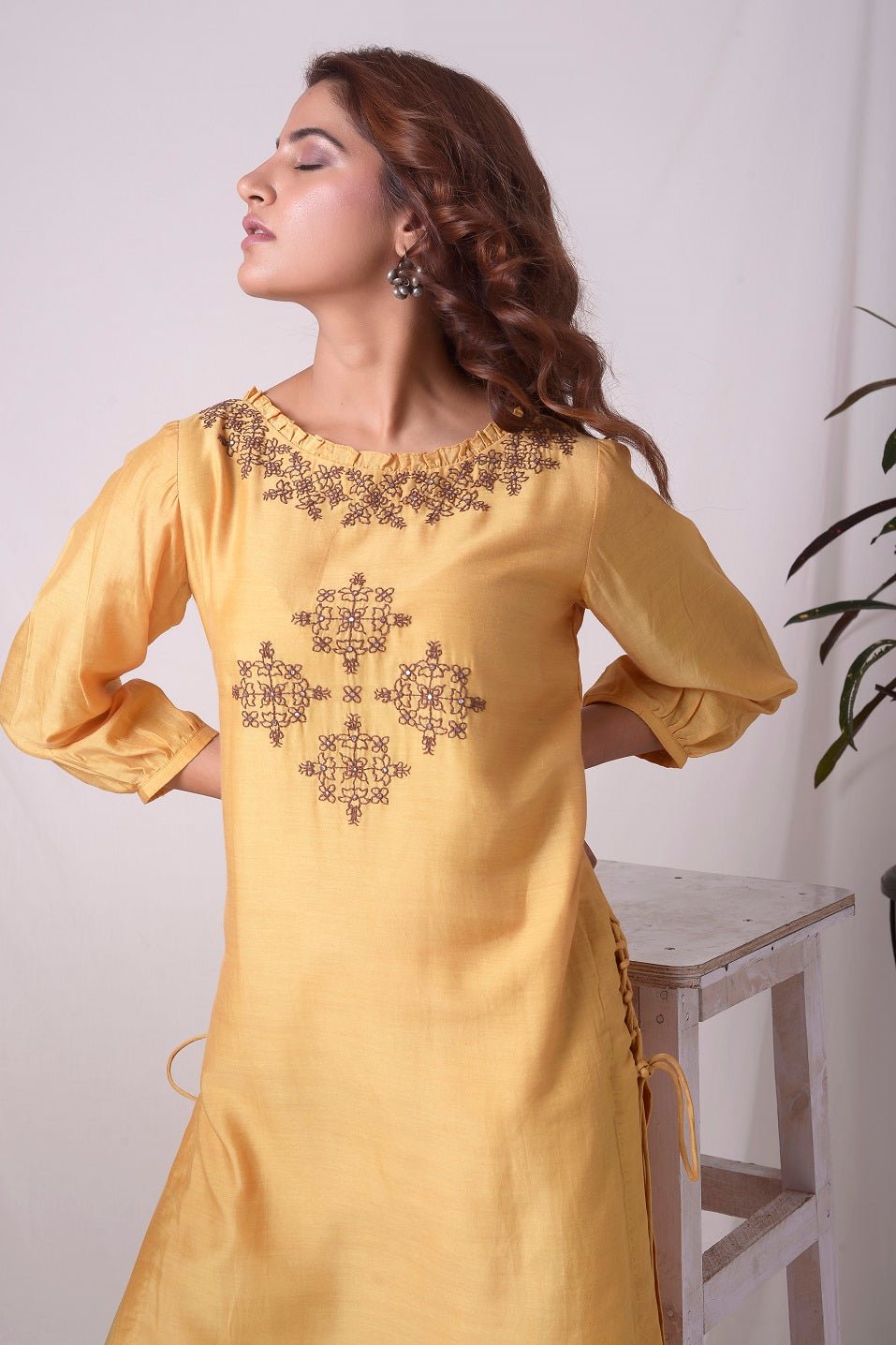 Mustard Yellow Cotton Silk Suit With Palazzo Online in USA-close up-2