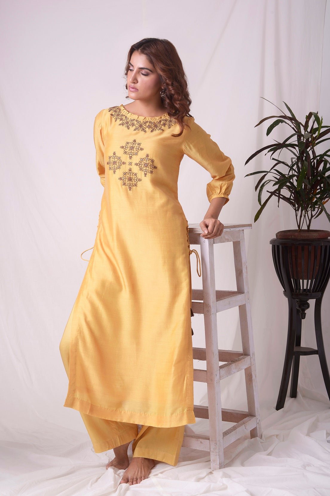 Mustard Yellow Cotton Silk Suit With Palazzo Online in USA-full view-3
