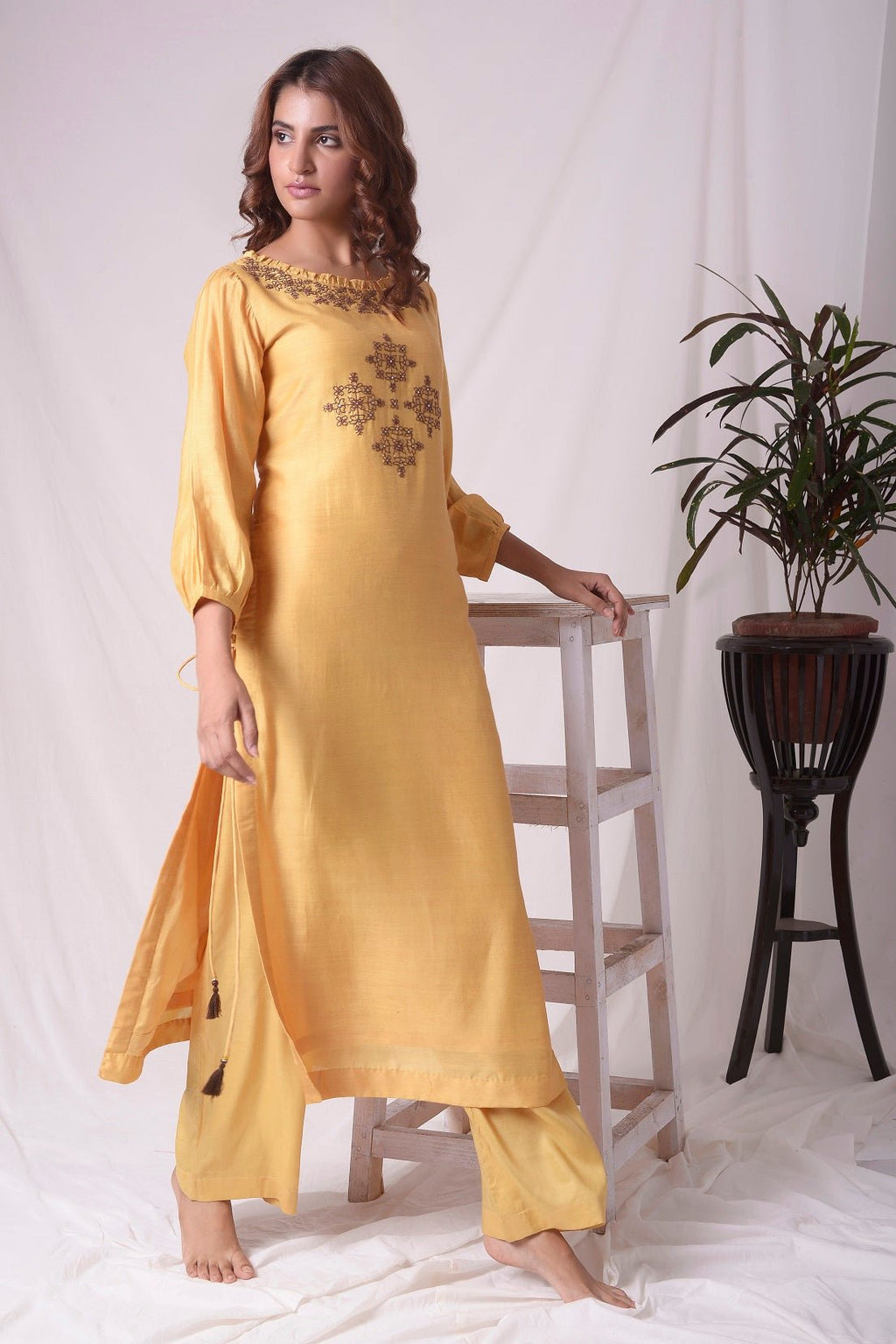 Mustard Yellow Cotton Silk Suit With Palazzo Online in USA-full view