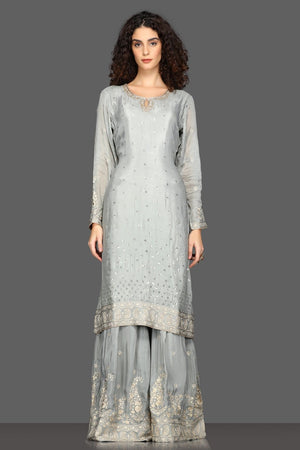 Buy stunning grey embroidered palazzo suit online in USA with matching dupatta. Dazzle on weddings and special occasions with exquisite Indian designer dresses, sharara suits, Anarkali suits from Pure Elegance Indian fashion store in USA.-without dupatta