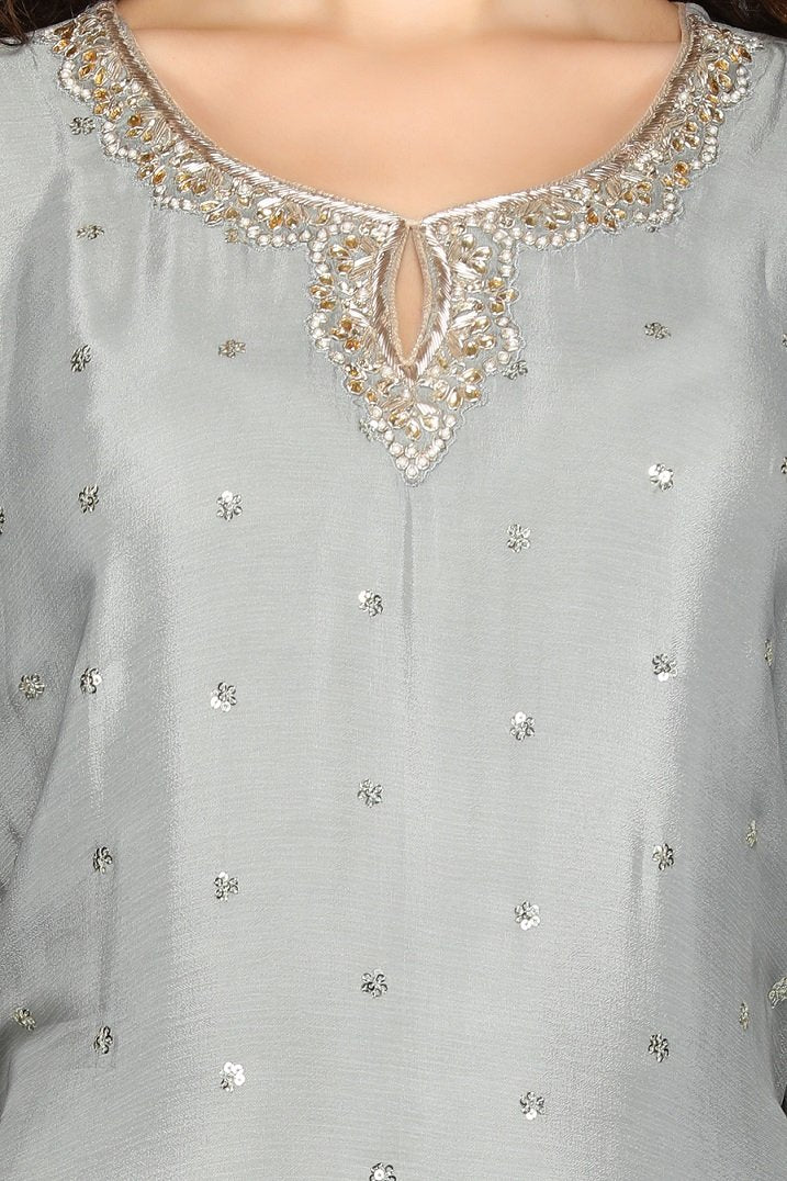 Buy stunning grey embroidered palazzo suit online in USA with matching dupatta. Dazzle on weddings and special occasions with exquisite Indian designer dresses, sharara suits, Anarkali suits from Pure Elegance Indian fashion store in USA.-closeup