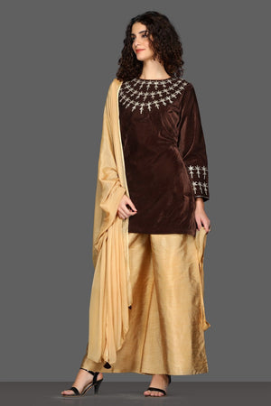 Shop elegant brown and golden embroidered palazzo suit online in USA with dupatta. Dazzle on weddings and special occasions with exquisite Indian designer dresses, sharara suits, Anarkali suits from Pure Elegance Indian fashion store in USA.-left