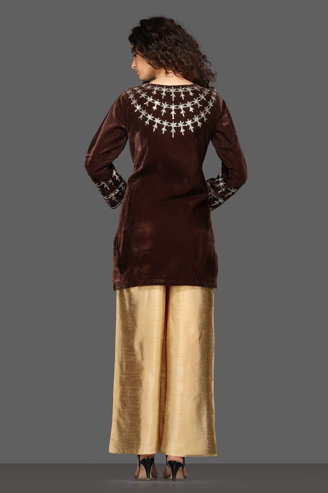 Shop elegant brown and golden embroidered palazzo suit online in USA with dupatta. Dazzle on weddings and special occasions with exquisite Indian designer dresses, sharara suits, Anarkali suits from Pure Elegance Indian fashion store in USA.-back