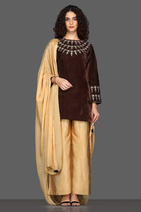 Shop elegant brown and golden embroidered palazzo suit online in USA with dupatta. Dazzle on weddings and special occasions with exquisite Indian designer dresses, sharara suits, Anarkali suits from Pure Elegance Indian fashion store in USA.-full view