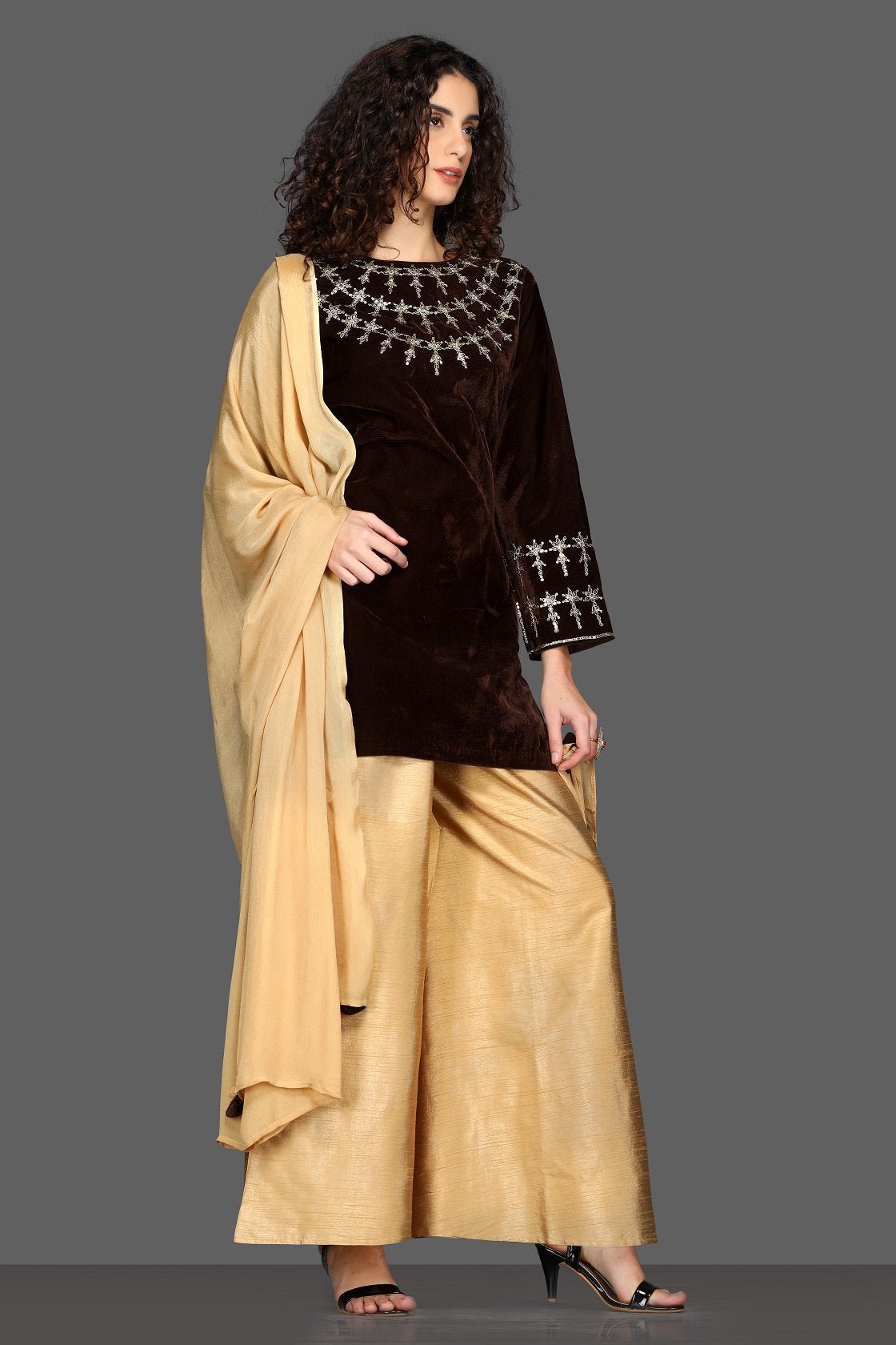 Shop elegant brown and golden embroidered palazzo suit online in USA with dupatta. Dazzle on weddings and special occasions with exquisite Indian designer dresses, sharara suits, Anarkali suits from Pure Elegance Indian fashion store in USA.-right