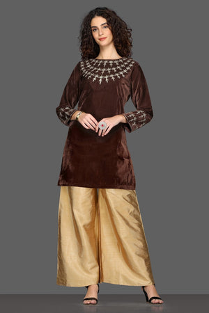 Shop elegant brown and golden embroidered palazzo suit online in USA with dupatta. Dazzle on weddings and special occasions with exquisite Indian designer dresses, sharara suits, Anarkali suits from Pure Elegance Indian fashion store in USA.-front