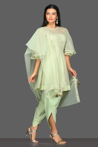 Buy stunning mint green designer suit online in USA with dhoti salwar and dupatta. Dazzle on weddings and special occasions with exquisite Indian designer dresses, sharara suits, Anarkali suits from Pure Elegance Indian fashion store in USA.-full view