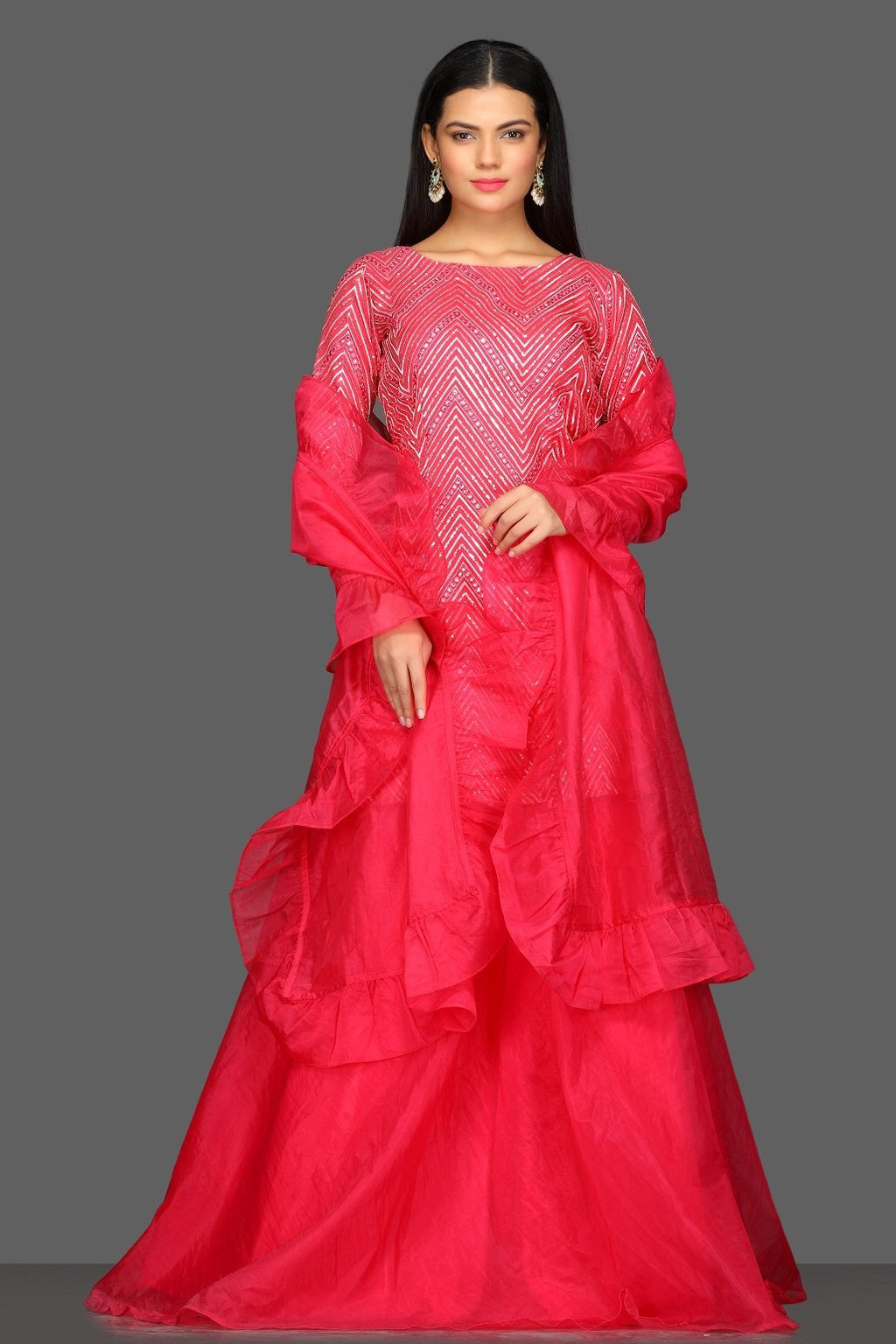 Shop pink embroidered skirt set online in USA with matching dupatta. Dazzle on weddings and special occasions with exquisite Indian designer dresses, sharara suits, Anarkali suits from Pure Elegance Indian fashion store in USA.-full view