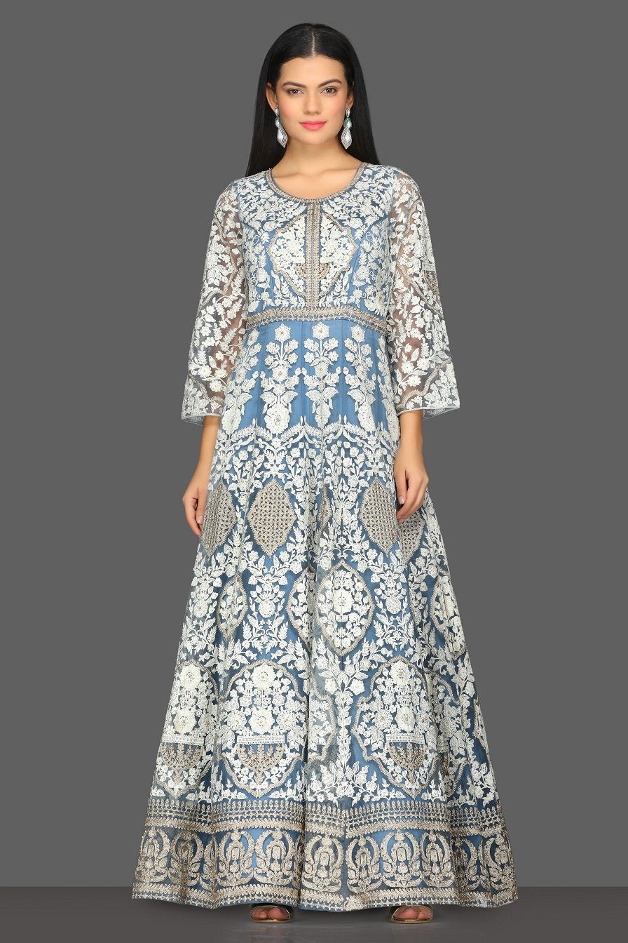 Shop stunning blue embroidered Anarkali suit online in USA with matching dupatta. Dazzle on weddings and special occasions with exquisite Indian designer dresses, sharara suits, Anarkali suits from Pure Elegance Indian fashion store in USA.-front