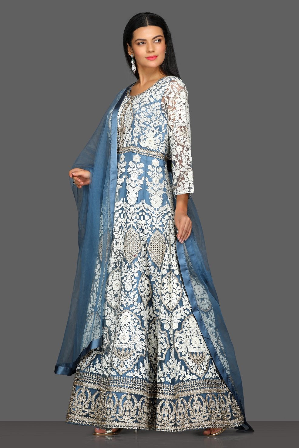Shop stunning blue embroidered Anarkali suit online in USA with matching dupatta. Dazzle on weddings and special occasions with exquisite Indian designer dresses, sharara suits, Anarkali suits from Pure Elegance Indian fashion store in USA.-right