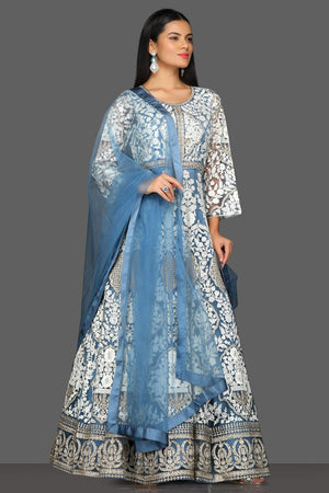 Shop stunning blue embroidered Anarkali suit online in USA with matching dupatta. Dazzle on weddings and special occasions with exquisite Indian designer dresses, sharara suits, Anarkali suits from Pure Elegance Indian fashion store in USA.-right