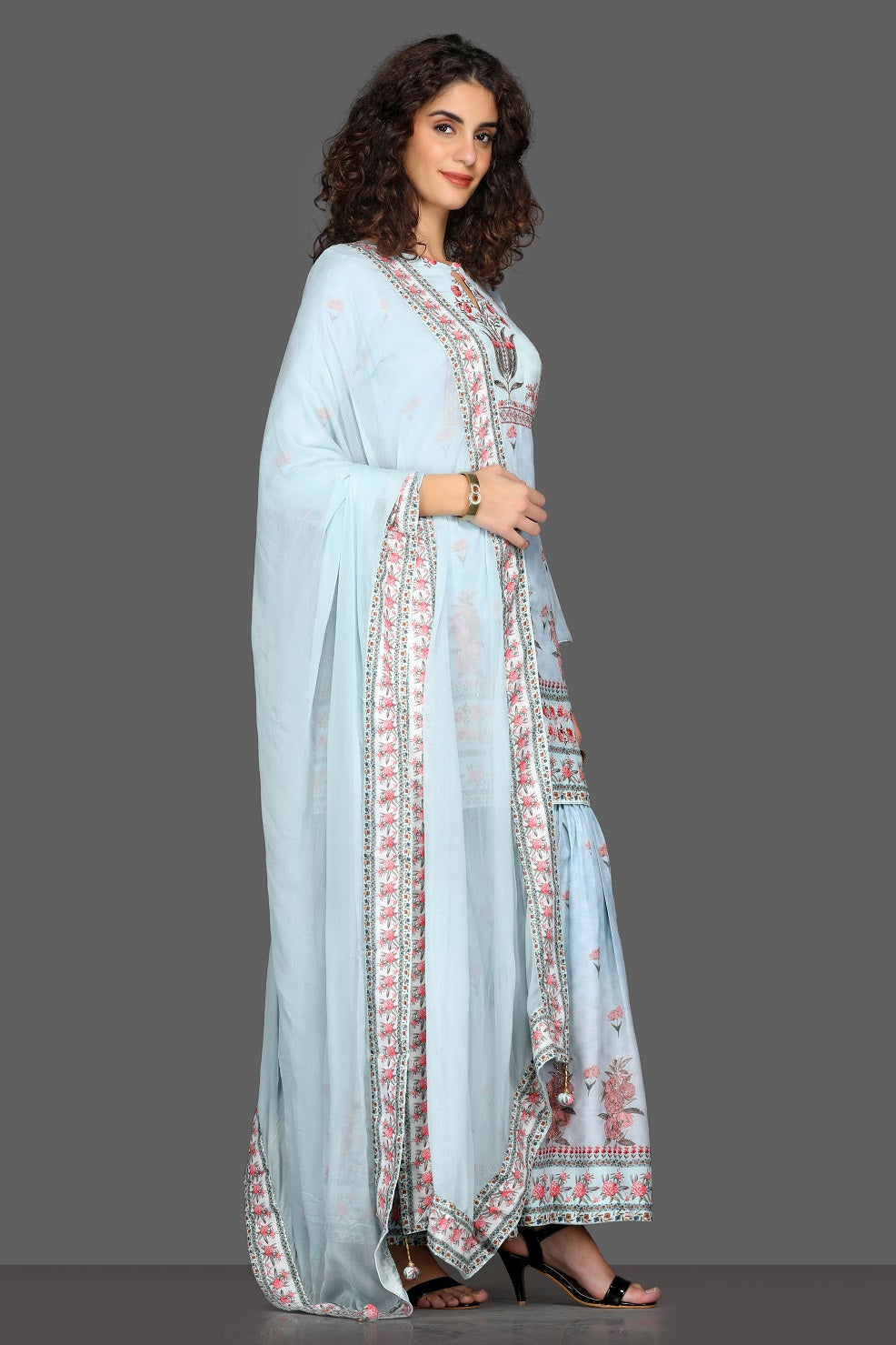Shop beautiful powder blue floral gharara suit online in USA and matching dupatta. Dazzle on weddings and special occasions with exquisite Indian designer dresses, sharara suits, Anarkali suits from Pure Elegance Indian fashion store in USA.-right
