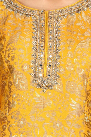 Buy yellow and green embroidered skirt set online in USA with pink dupatta. Dazzle on weddings and special occasions with exquisite Indian designer dresses, sharara suits, Anarkali suits from Pure Elegance Indian fashion store in USA.-closeup
