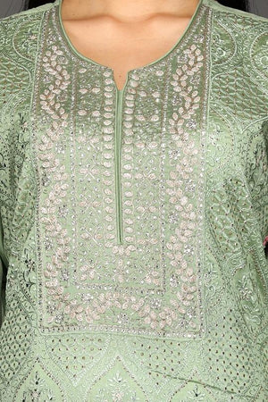 Buy beautiful pista green embroidered suit online in USA with palazzo and embroidered dupatta. Dazzle on weddings and special occasions with exquisite Indian designer lehengas, sharara suits, Anarkali suits from Pure Elegance Indian fashion store in USA.-closeup