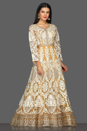 Shop beautiful embroidered floorlength Anarkali online in USA with dupatta. Dazzle on weddings and special occasions with exquisite Indian designer lehengas, sharara suits, Anarkali suits from Pure Elegance Indian fashion store in USA.-front