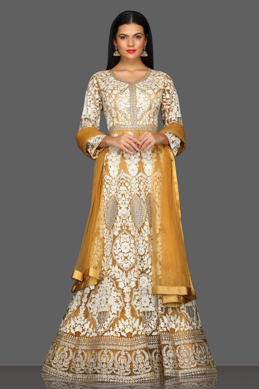 Shop beautiful embroidered floorlength Anarkali online in USA with dupatta. Dazzle on weddings and special occasions with exquisite Indian designer lehengas, sharara suits, Anarkali suits from Pure Elegance Indian fashion store in USA.-full view