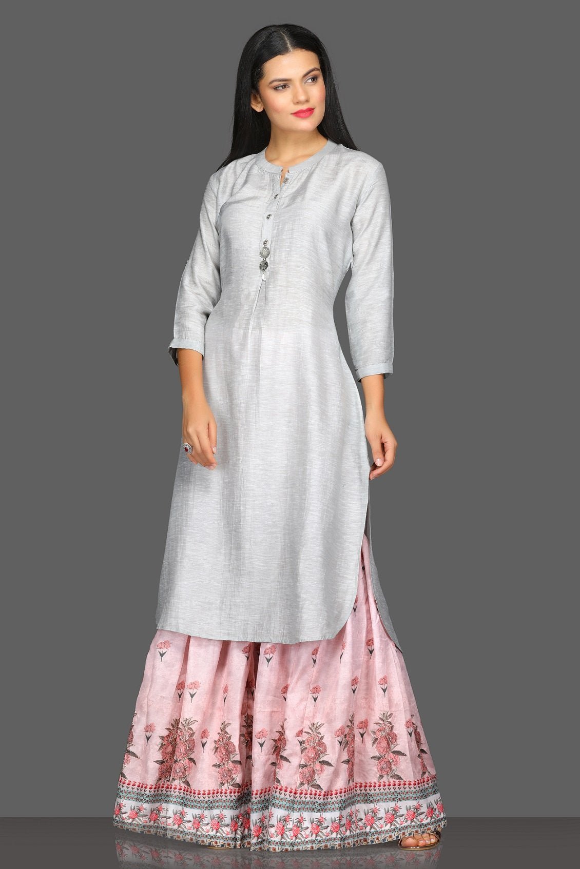 Shop lovely light grey and pink sharara suit online in USA with beige dupatta. Dazzle on weddings and special occasions with exquisite Indian designer lehengas, sharara suits, Anarkali suits from Pure Elegance Indian fashion store in USA.-front
