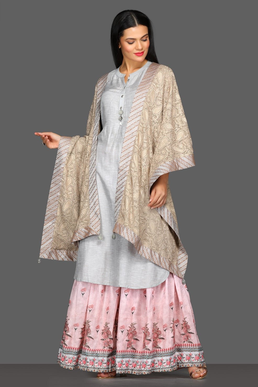 Shop lovely light grey and pink sharara suit online in USA with beige dupatta. Dazzle on weddings and special occasions with exquisite Indian designer lehengas, sharara suits, Anarkali suits from Pure Elegance Indian fashion store in USA.-full view