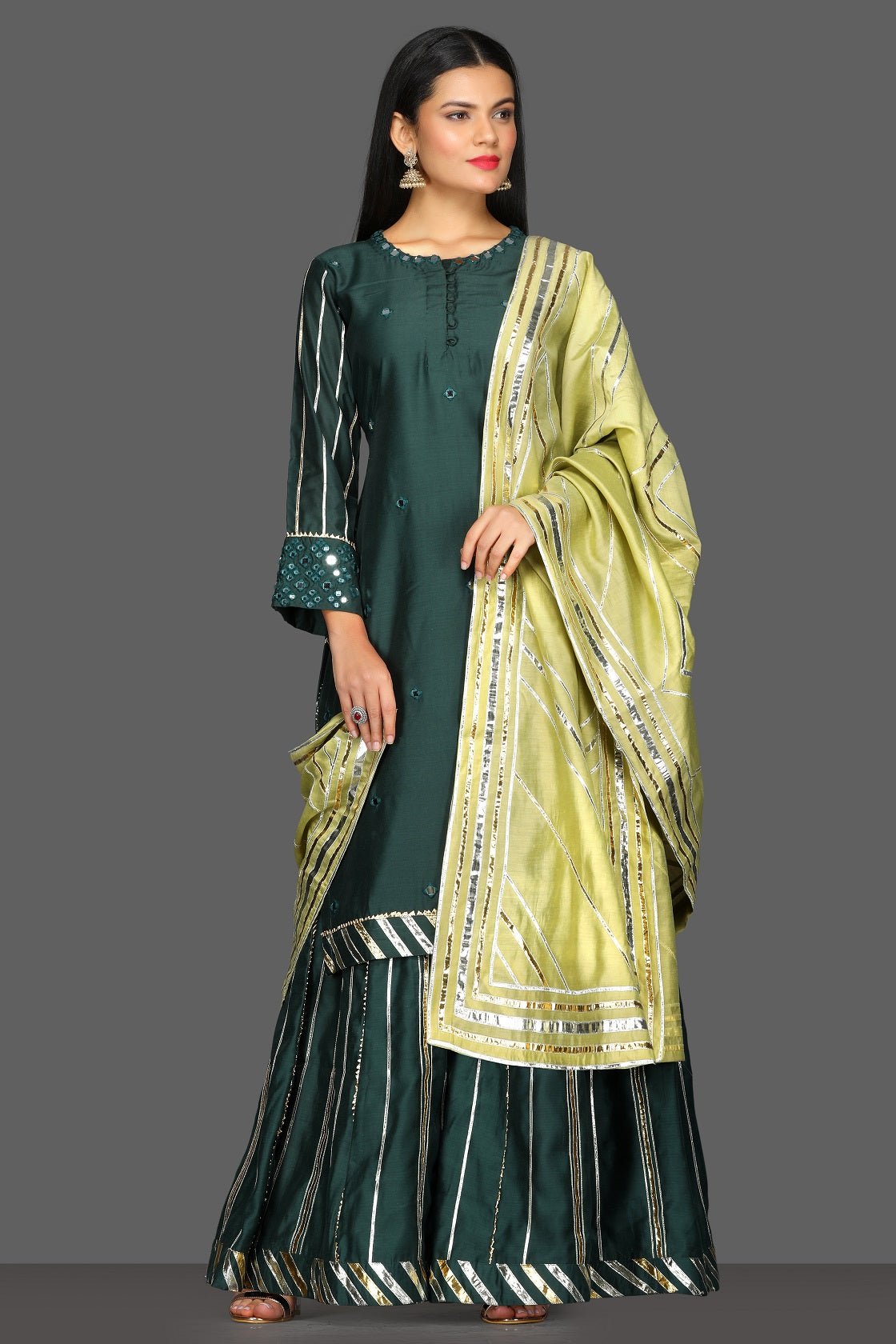 Buy stunning dark green gota work palazzo suit online in USA with pista green dupatta. Dazzle on weddings and special occasions with exquisite Indian designer lehengas, sharara suits, Anarkali suits from Pure Elegance Indian fashion store in USA.-full view