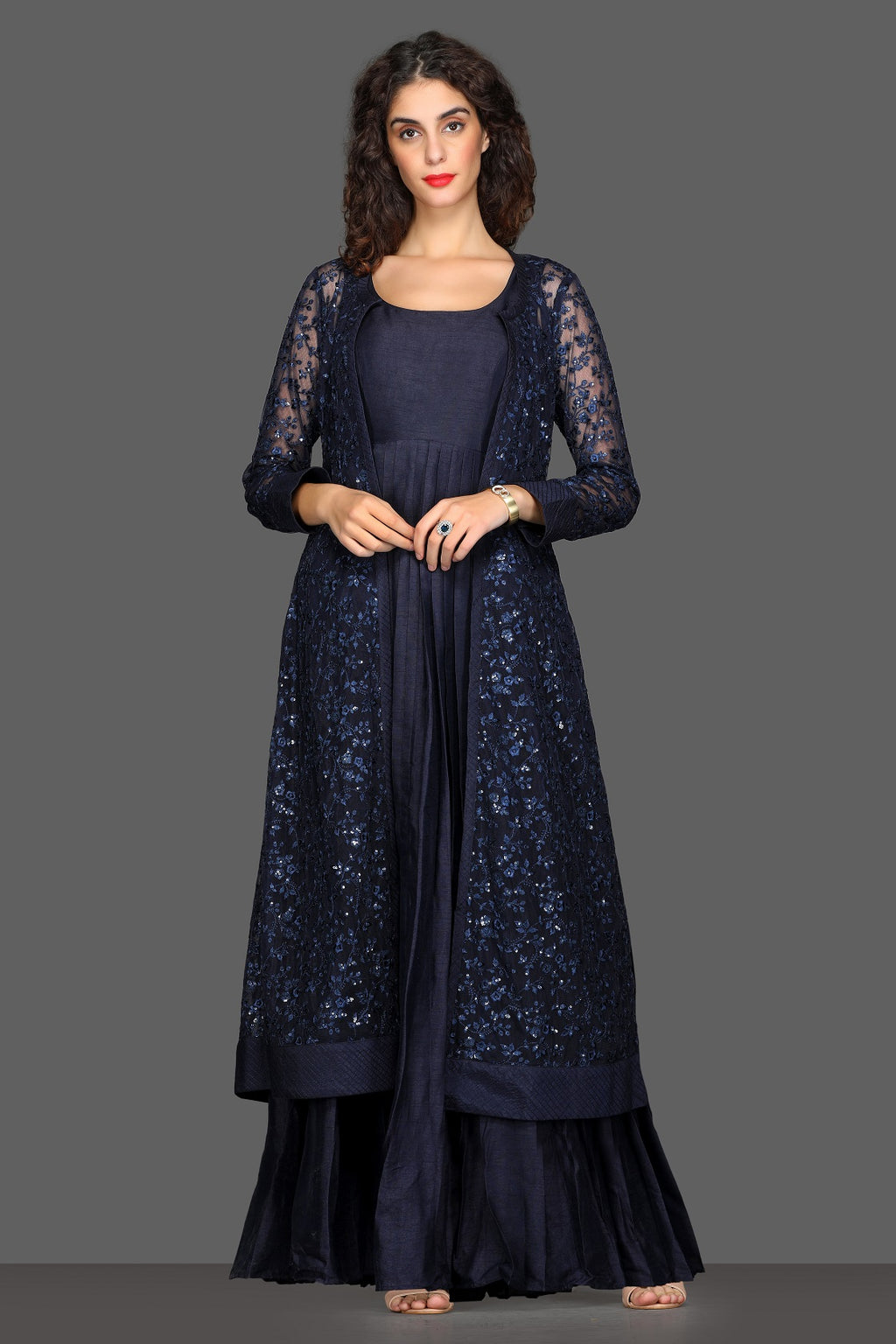 50Z114-RO Navy Blue Maxi Dress with Long Embroidered Shrug