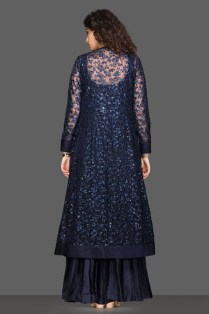 Shop navy blue maxi dress online in USA with long embroidered shrug. Dazzle on weddings and special occasions with exquisite Indian designer lehengas, sharara suits, Anarkali suits, Indowestern dresses from Pure Elegance Indian fashion store in USA.-back
