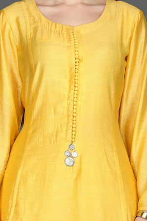 Buy elegant solid yellow palazzo suit online in USA with beige dupatta. Dazzle on weddings and special occasions with exquisite Indian designer dresses, sharara suits, Anarkali suits from Pure Elegance Indian fashion store in USA.-closeup